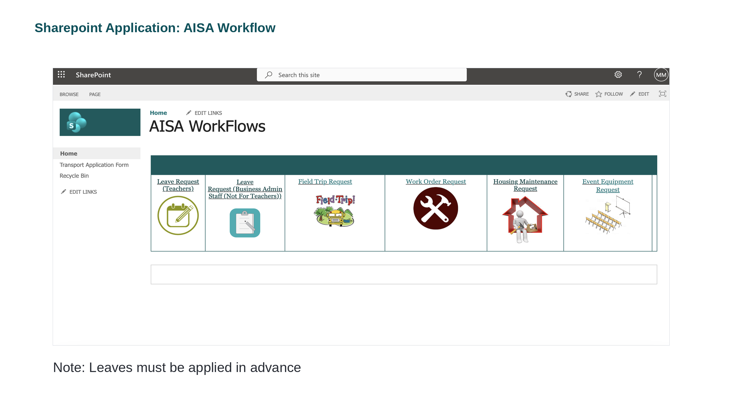 The AISA WorkFlows training title slide: the SharePoint home page with all six request tiles — Leave Request (Teachers), Leave Request (Business Admin Staff), Field Trip Request, Work Order Request, Housing Maintenance Request and Event Equipment Request — and a note that leaves must be applied in advance.