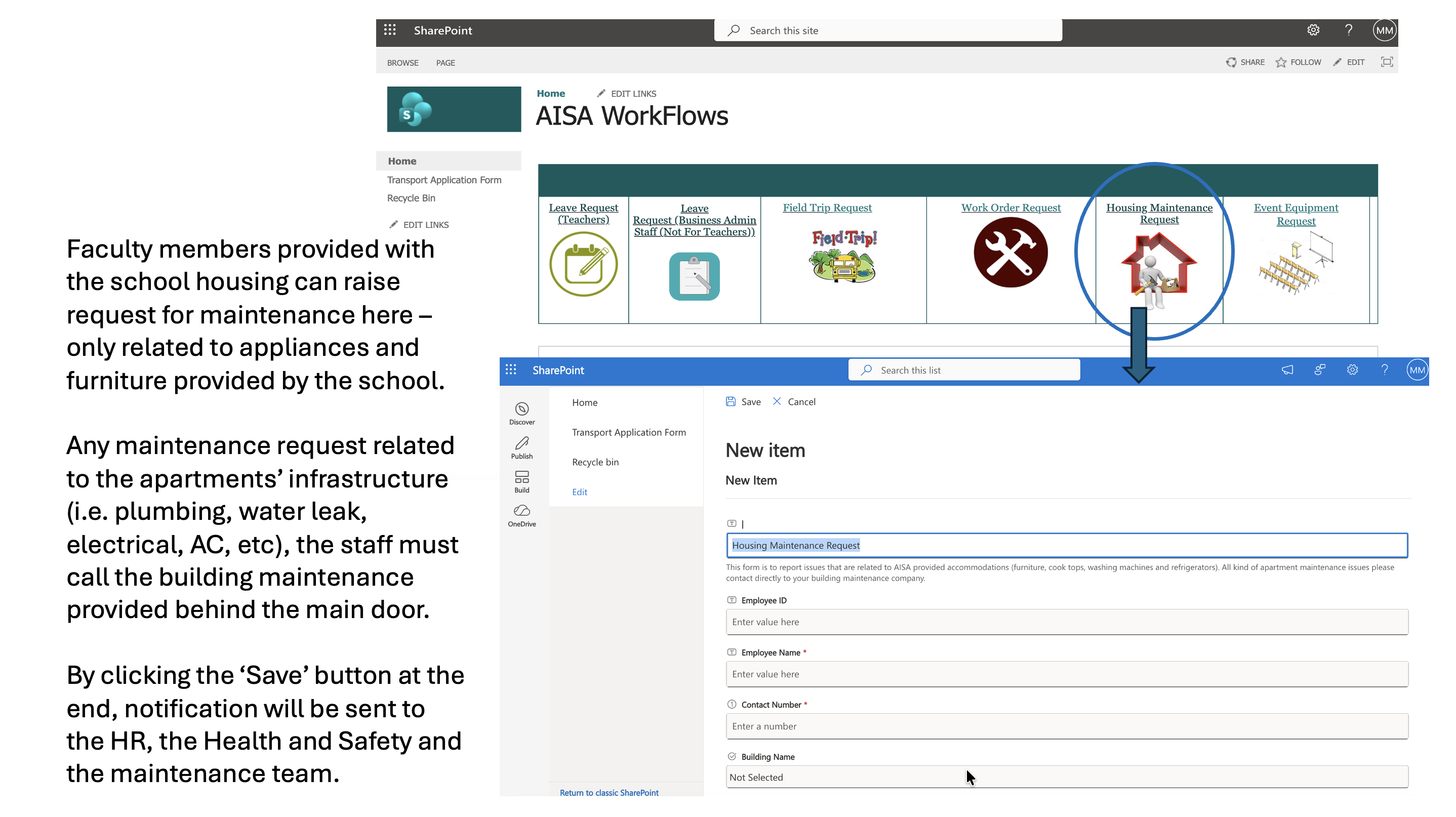 Training slide for Housing Maintenance Request: the WorkFlows home page, an explanation that staff in school housing raise requests for school-provided appliances and furniture here while apartment infrastructure issues go to building maintenance, and the Housing Maintenance form.