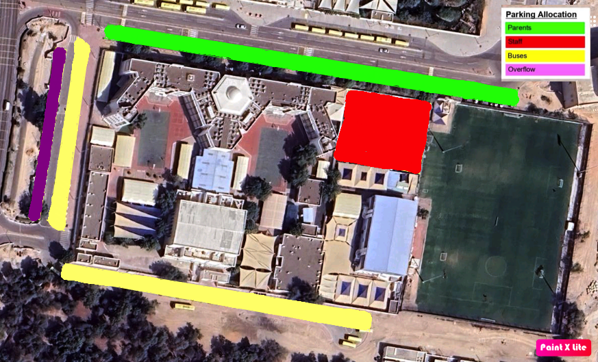 Aerial view of the AISA campus with parking allocation overlaid: green zones for parents along the top road, a red zone for staff near the football pitch, yellow zones for buses, and a purple overflow zone on the far left.