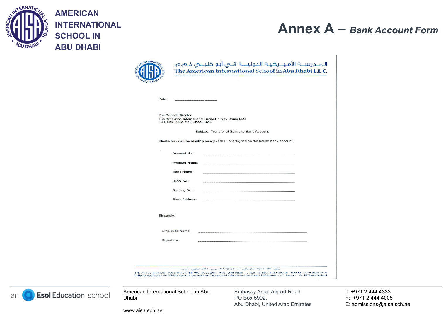 Annex A — AISA Bank Account Form, addressed to the School Director, with fields for account number, account name, bank name, IBAN, routing number and bank address.