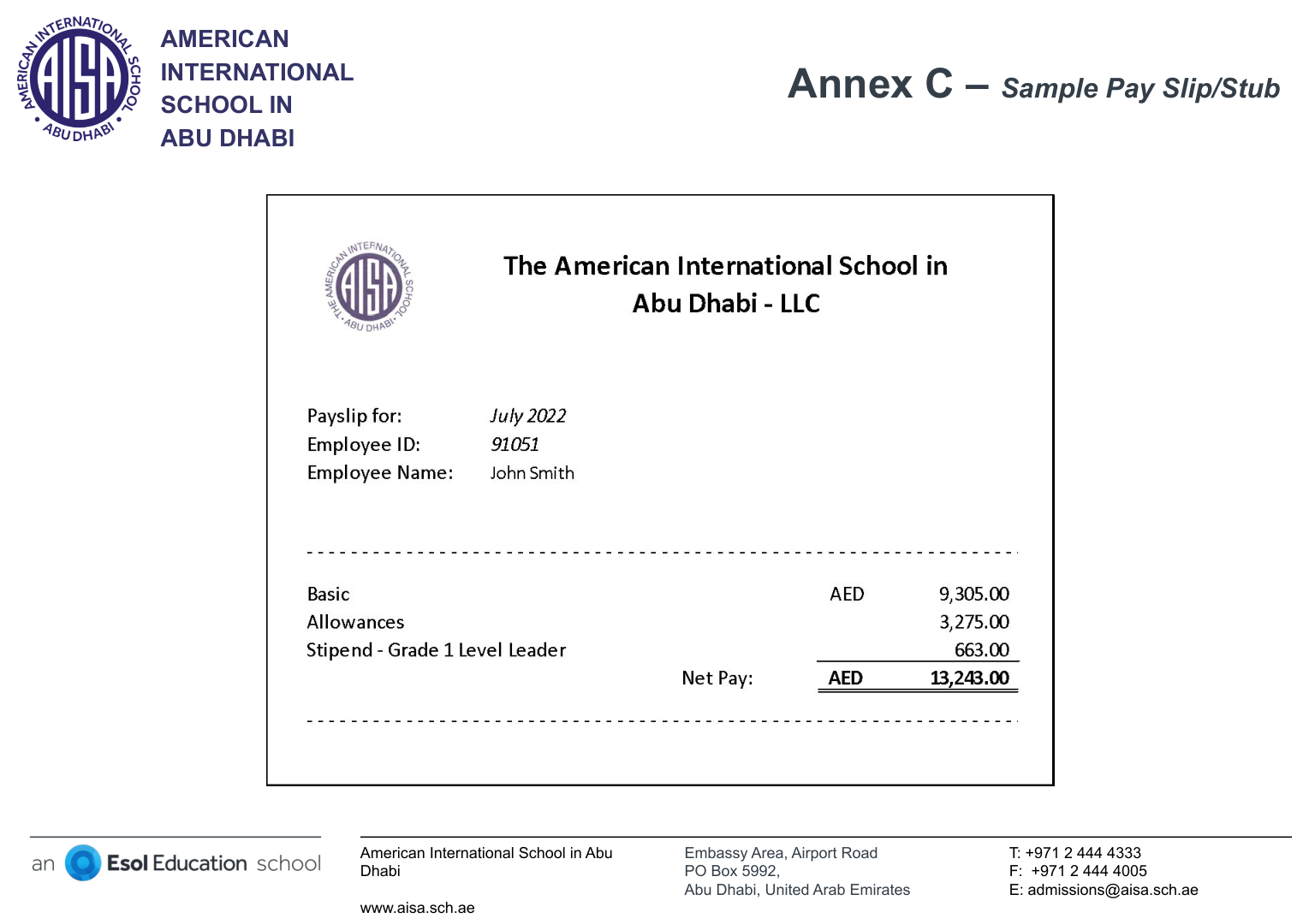 Annex C — Sample AISA pay slip showing Payslip month, Employee ID and name, then Basic, Allowances and Stipend lines adding up to Net Pay in AED.