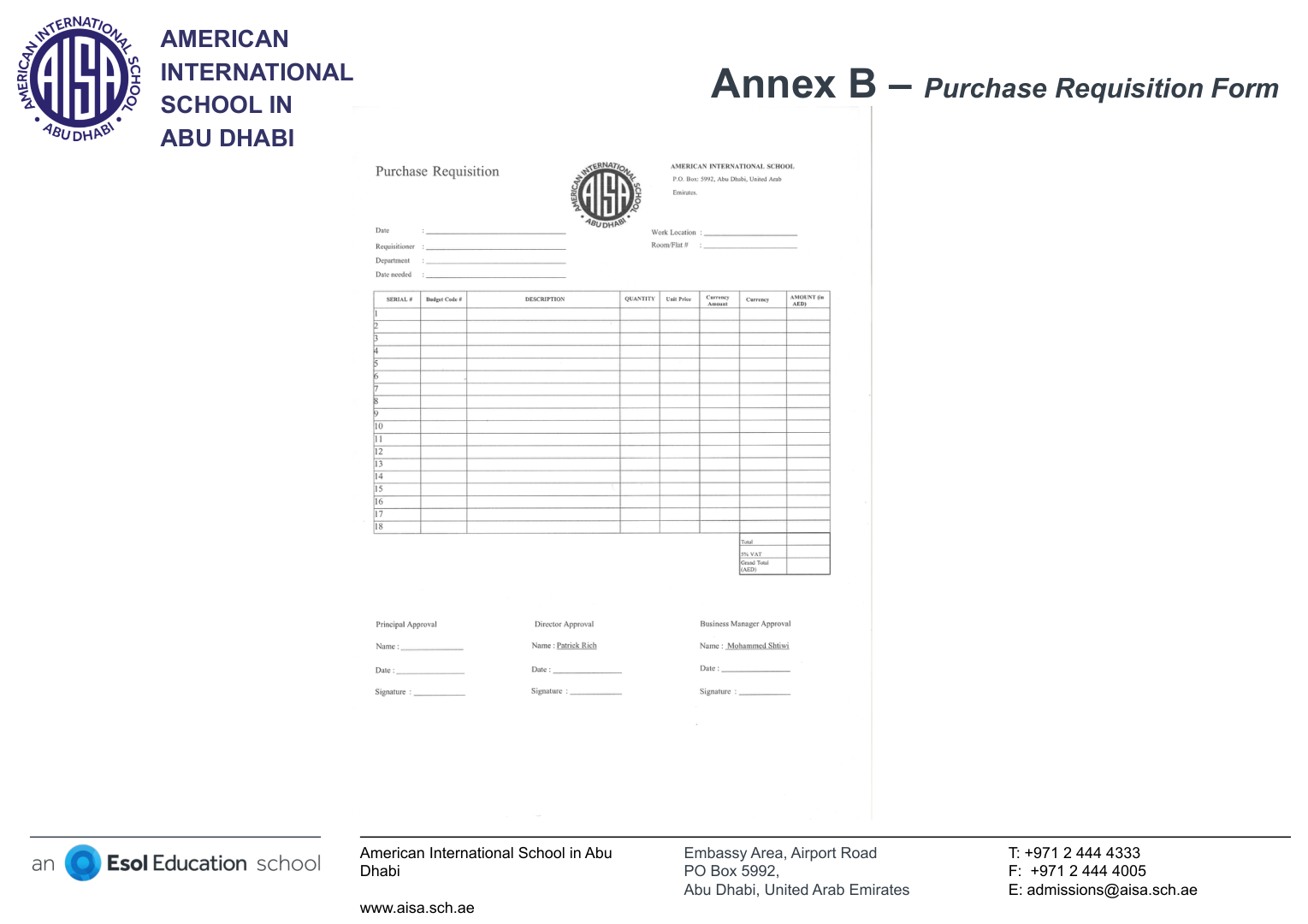 Annex B — AISA Purchase Requisition Form with date, requisitioner, department, an itemised table of description, quantity, unit price and amount, plus signature blocks for Principal, Director and Business Manager approval.