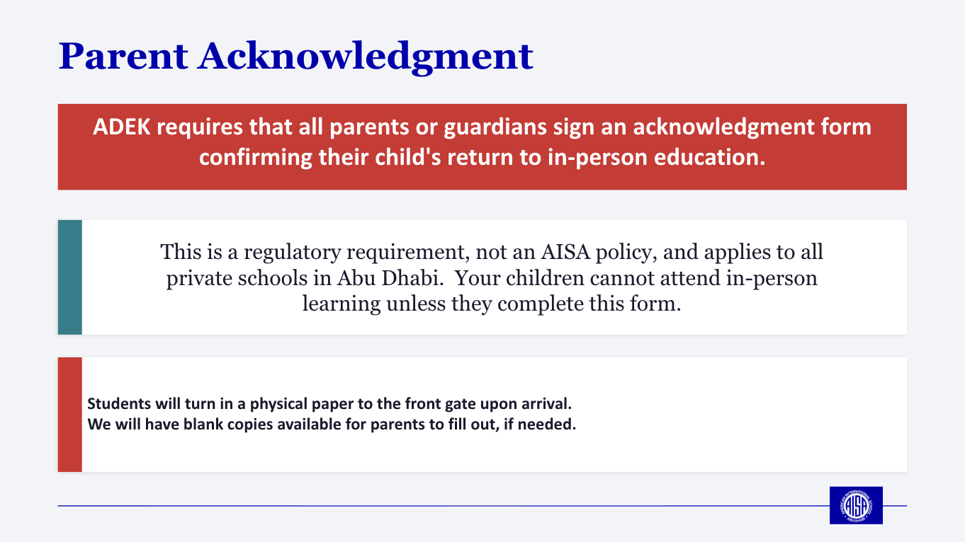 Parent Acknowledgment — ADEK requirement for return to in-person education