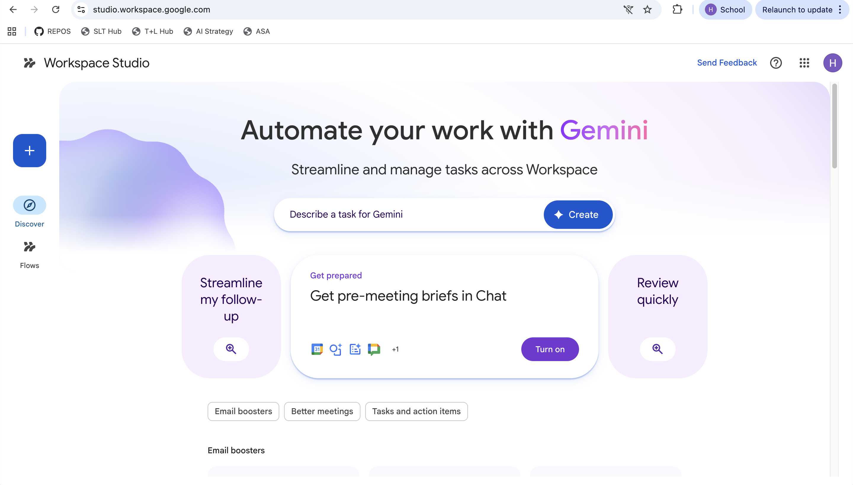 The Workspace Studio home page with a 'Describe a task for Gemini' prompt box and starter template cards including 'Get pre-meeting briefs in Chat'.