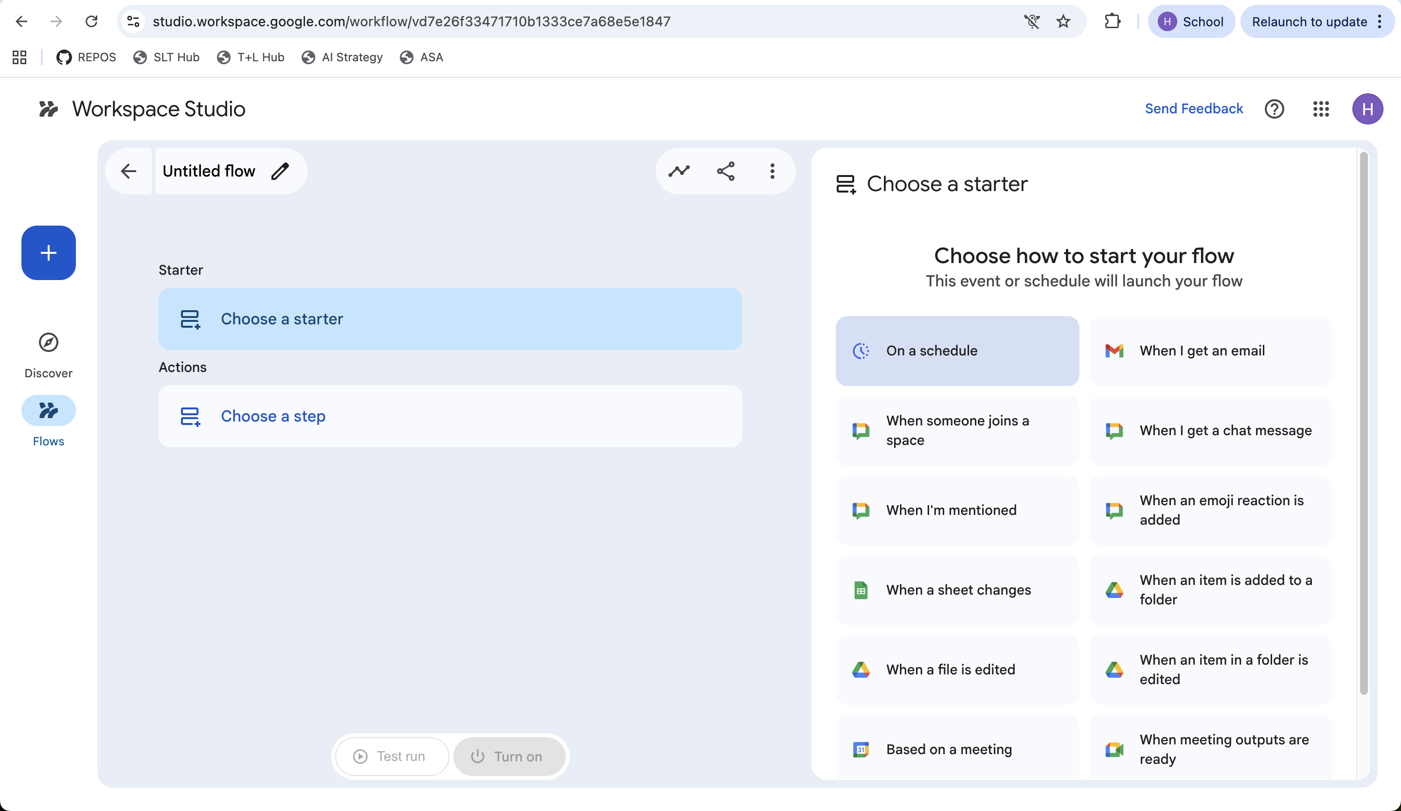 A new Untitled flow with the 'Choose a starter' panel open, listing trigger options including On a schedule, When I get an email, When someone joins a space, When I get a chat message, When a sheet changes, and When a file is edited.