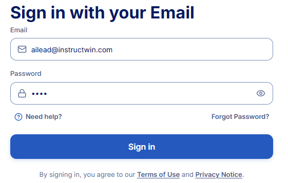 InstrucTwin sign-in panel headed Sign in with your Email, with Email and Password fields and a Sign in button.