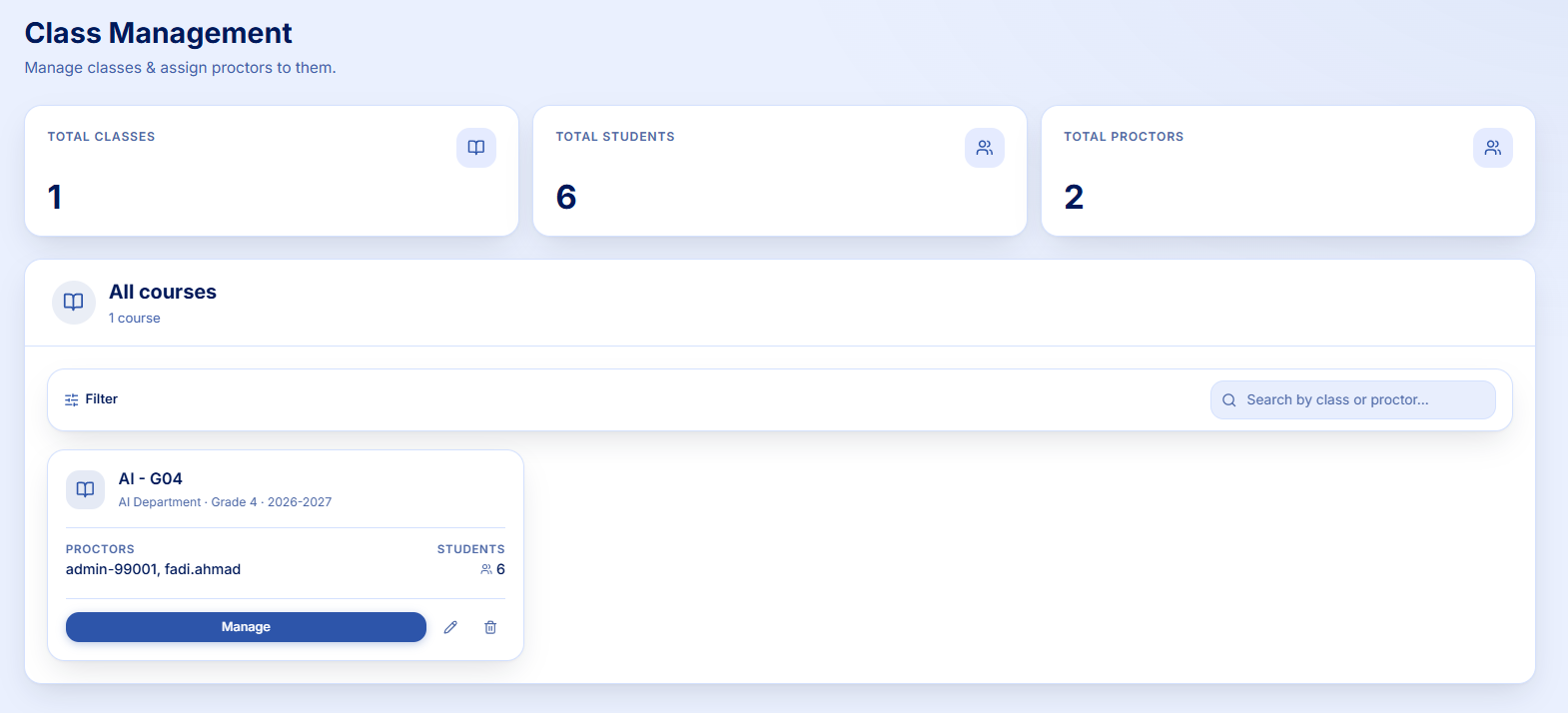 Class Management screen showing summary tiles for total classes, students and proctors, and a course card for AI - G04 with a Manage button.