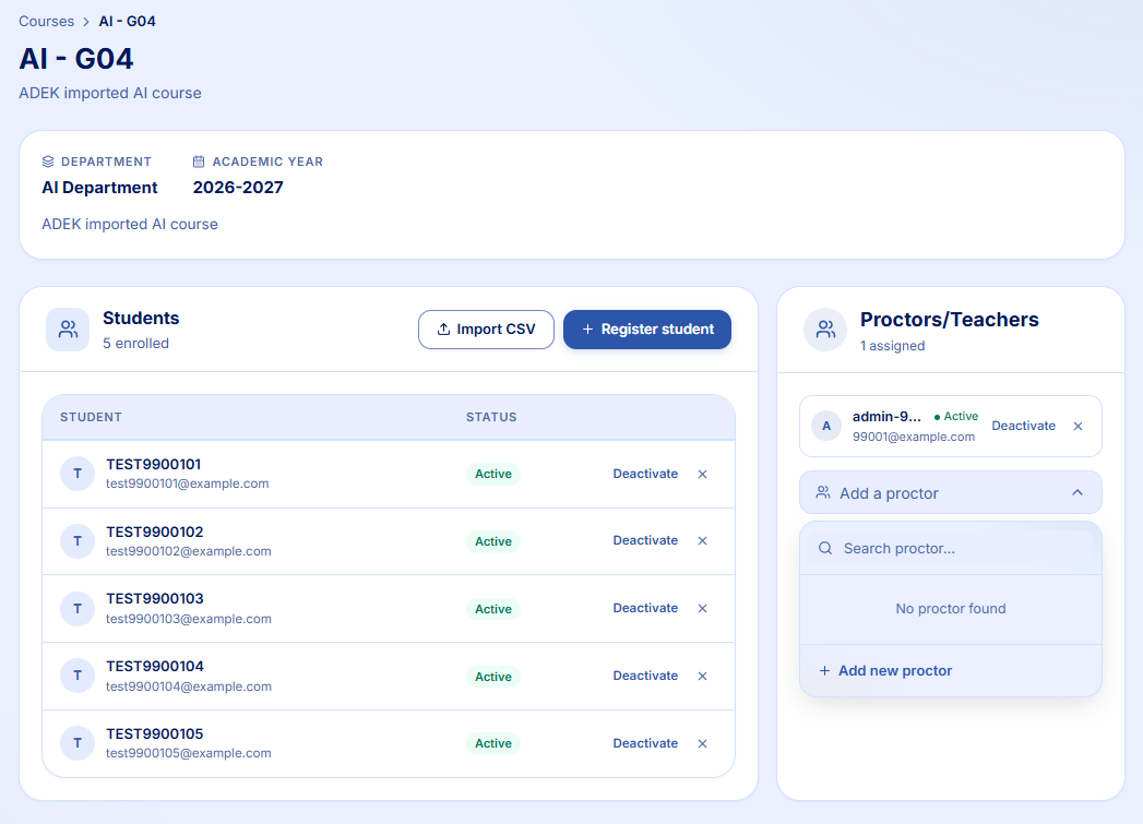 Grade page with an enrolled student list on the left and a Proctors slash Teachers panel on the right, with an Add a proctor search box open.