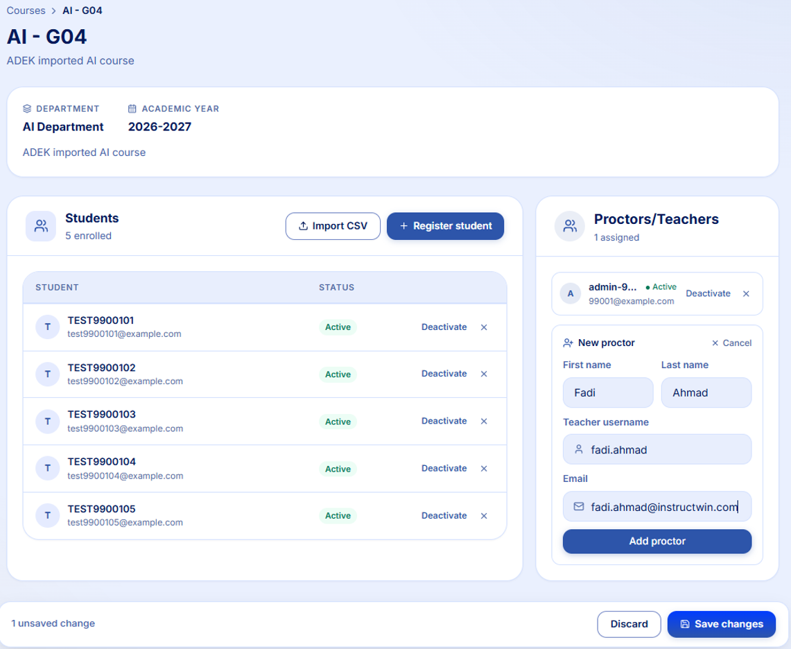 New proctor form with First name, Last name, Teacher username and Email fields and an Add proctor button, with a Save changes bar at the foot of the page.