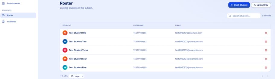 Roster screen listing enrolled students with username and email columns, and Enroll Student and Upload CSV buttons.
