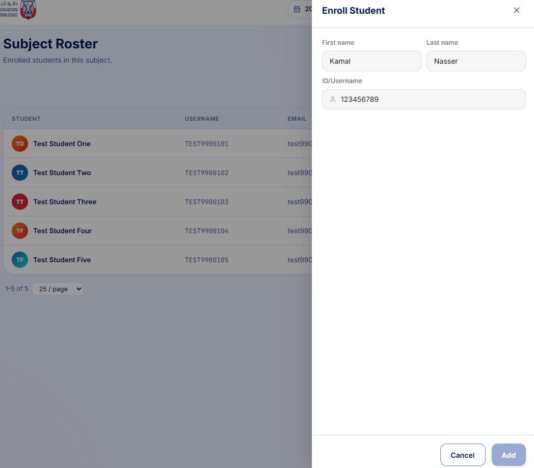 Subject Roster screen with an Enroll Student side panel open containing First name, Last name and ID slash Username fields.