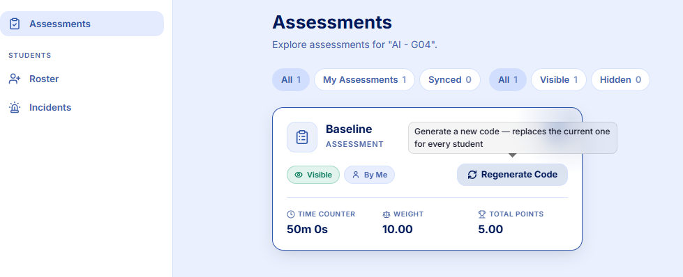 Assessments list showing the Baseline assessment card with a Regenerate Code button and a 50 minute time counter.