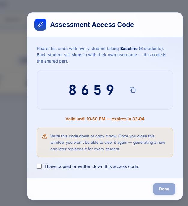 Assessment Access Code dialog showing a four digit code with a copy button, a valid-until countdown, and a warning to write the code down now.