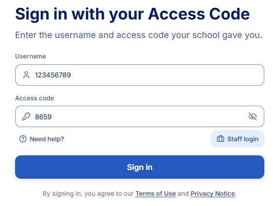Student sign-in panel headed Sign in with your Access Code, with Username and Access code fields.
