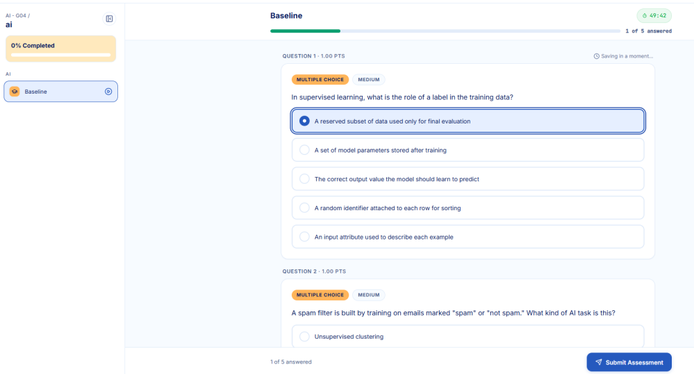 Assessment question view with multiple choice questions, a progress bar, a countdown timer and a Submit Assessment button.