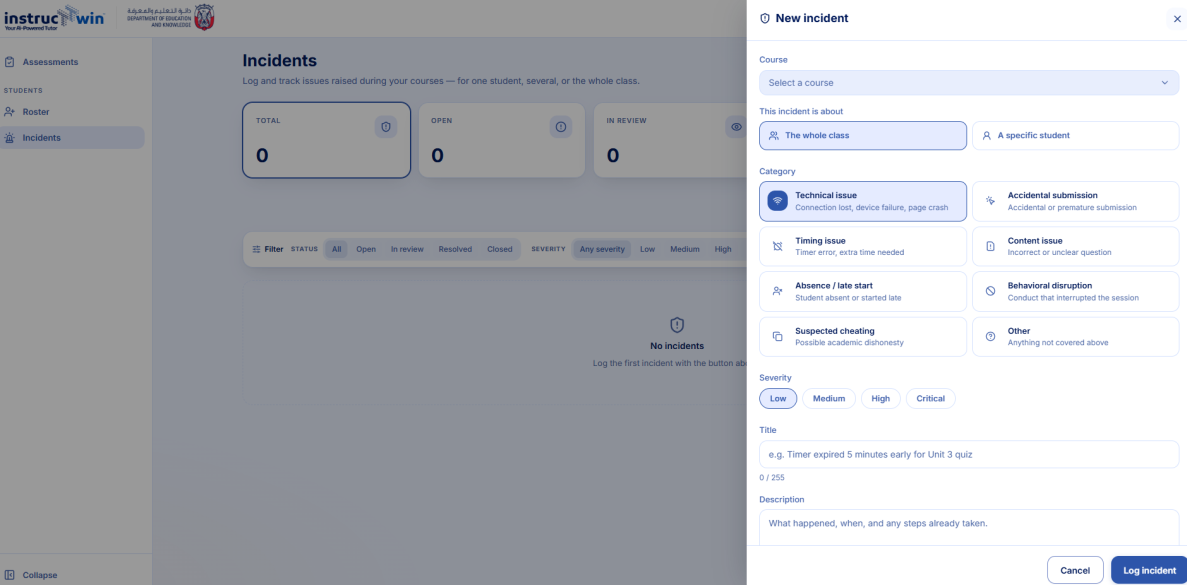 Incidents screen with a New incident panel open showing course selection, whole class or specific student options, eight category tiles, severity buttons, and title and description fields.