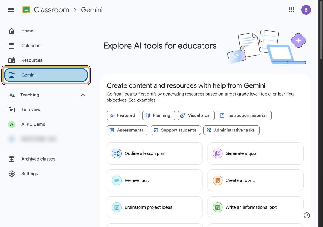 Classroom left menu with the Gemini tab highlighted