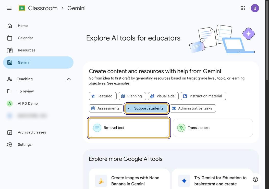 Support students filter selected, showing Re-level text and Translate text