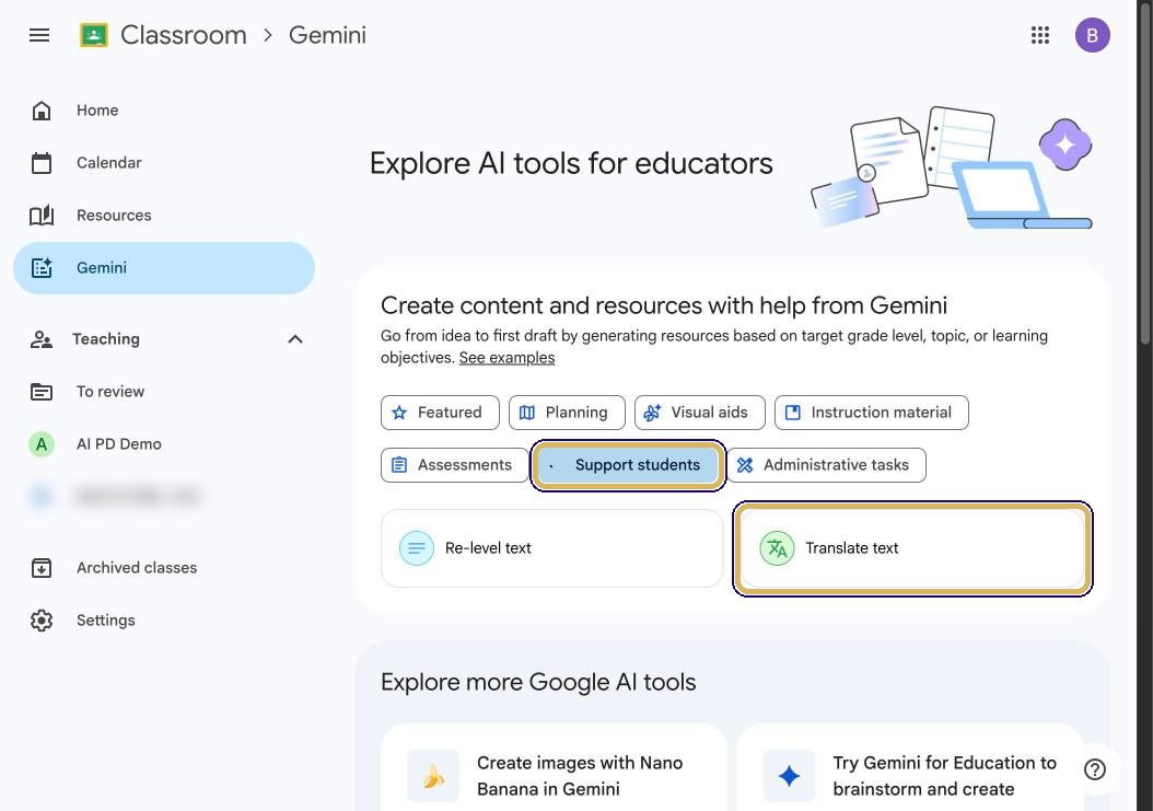 Support students filter with Translate text highlighted