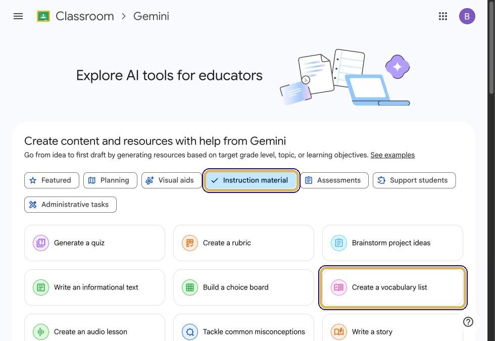 Instruction material filter with Create a vocabulary list highlighted