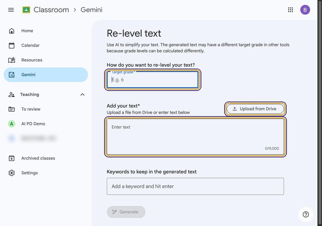 Re-level text form with Target grade, text box and Upload from Drive highlighted