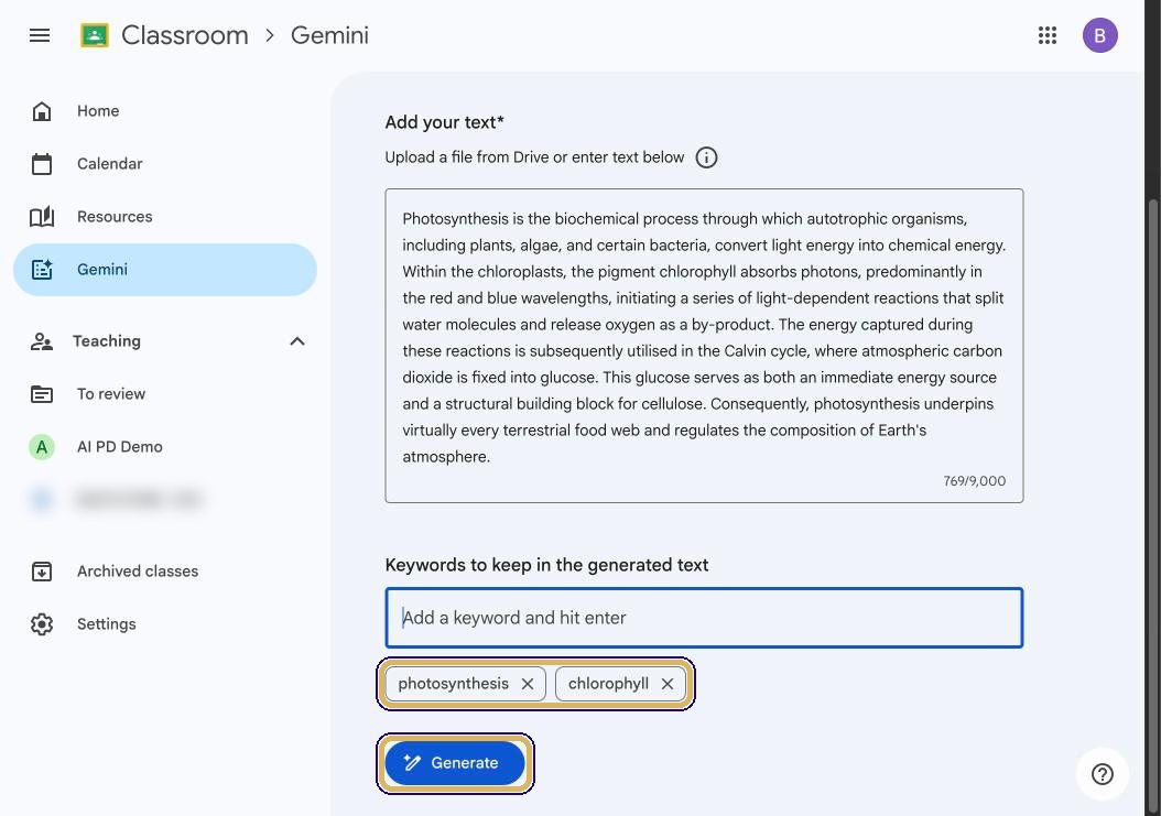 Keywords photosynthesis and chlorophyll added, Generate button highlighted