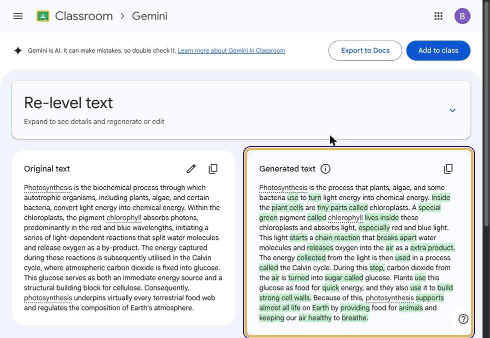 Original text beside the generated grade 5 version