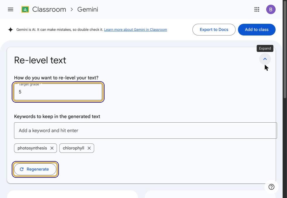Expanded panel with Target grade and Regenerate button highlighted