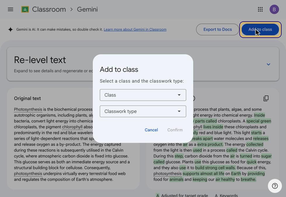 Add to class dialog with Class and Classwork type dropdowns