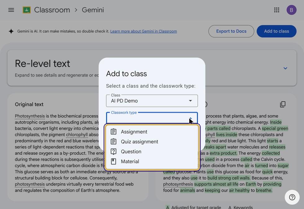 Classwork type options: Assignment, Quiz assignment, Question, Material