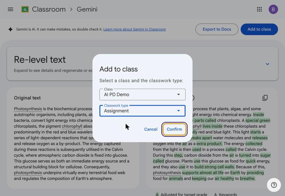 Class and Assignment selected, Confirm highlighted