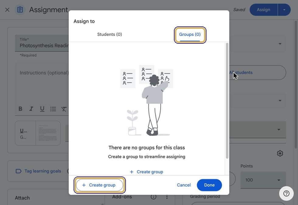 Assign to dialog with the Groups tab and Create group highlighted