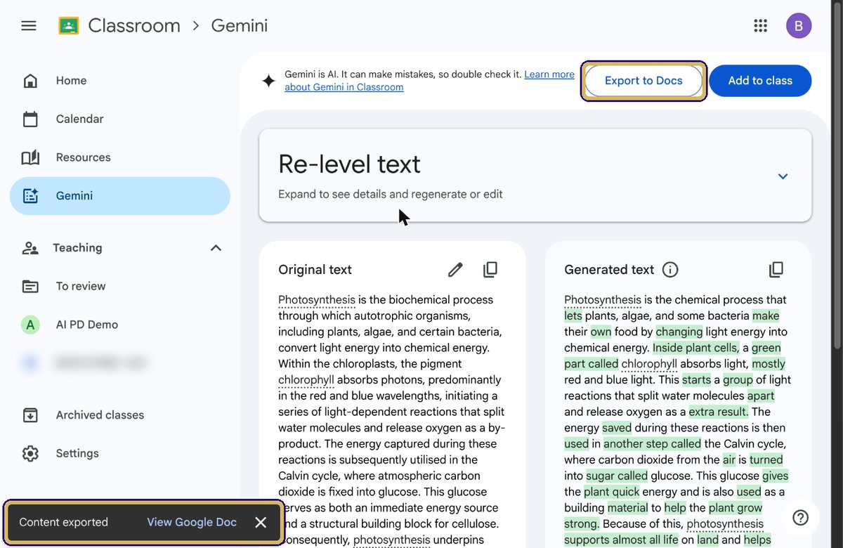 Export to Docs button and the Content exported message with a View Google Doc link