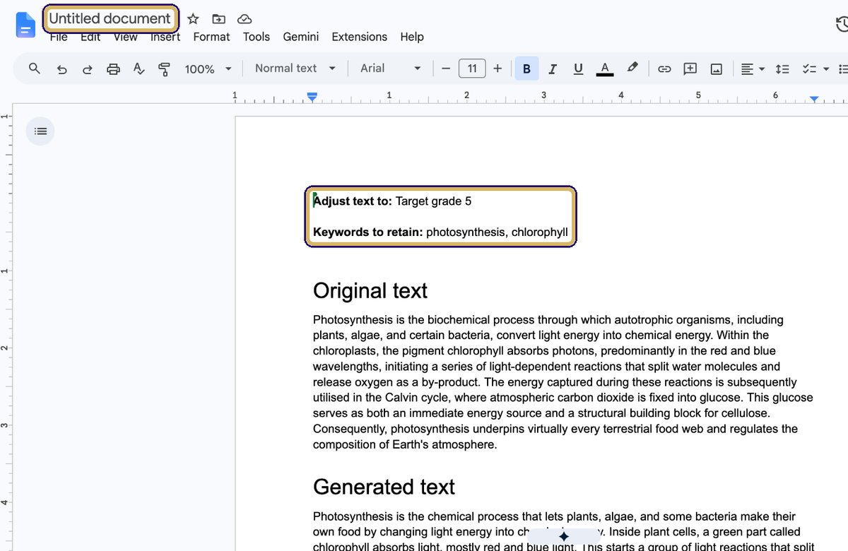 Exported Google Doc showing Adjust text to: Target grade 5, Keywords to retain, and the Original text heading