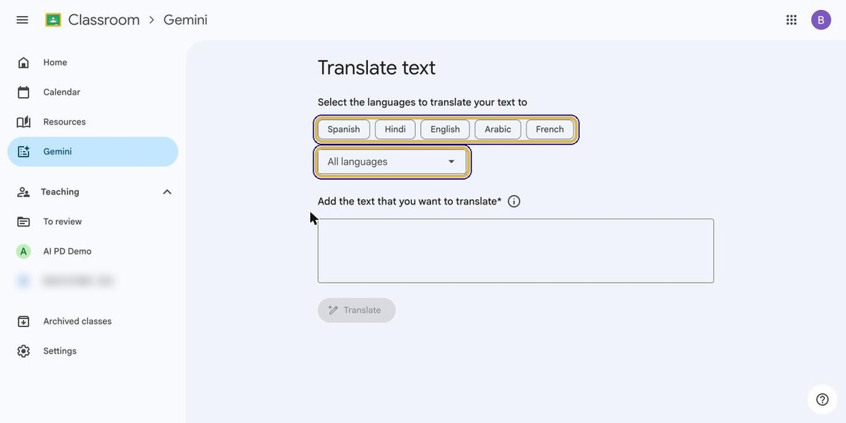 Quick language chips and the All languages dropdown highlighted