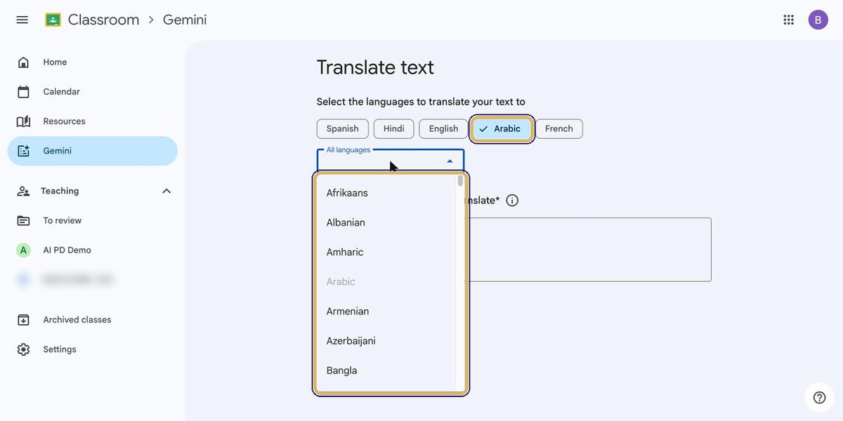 Arabic selected and All languages dropdown open