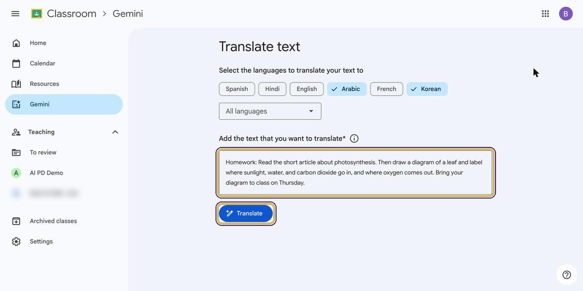 Homework instructions pasted, Arabic and Korean selected, Translate button highlighted