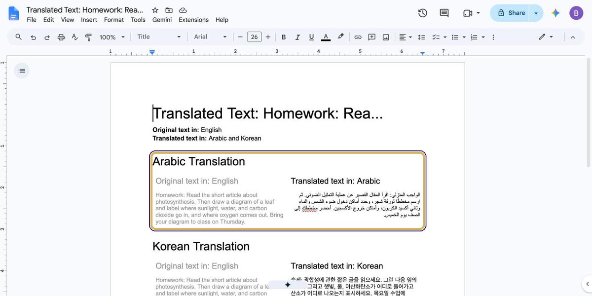 Exported Doc with an Arabic Translation section and a Korean Translation section, original beside translation