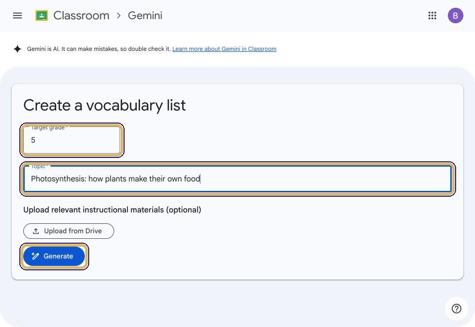 Target grade 5, topic Photosynthesis, Generate button highlighted