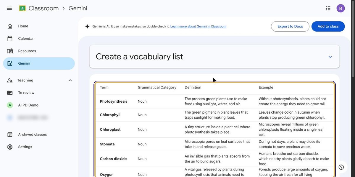 Generated vocabulary table with Term, Grammatical Category, Definition and Example columns