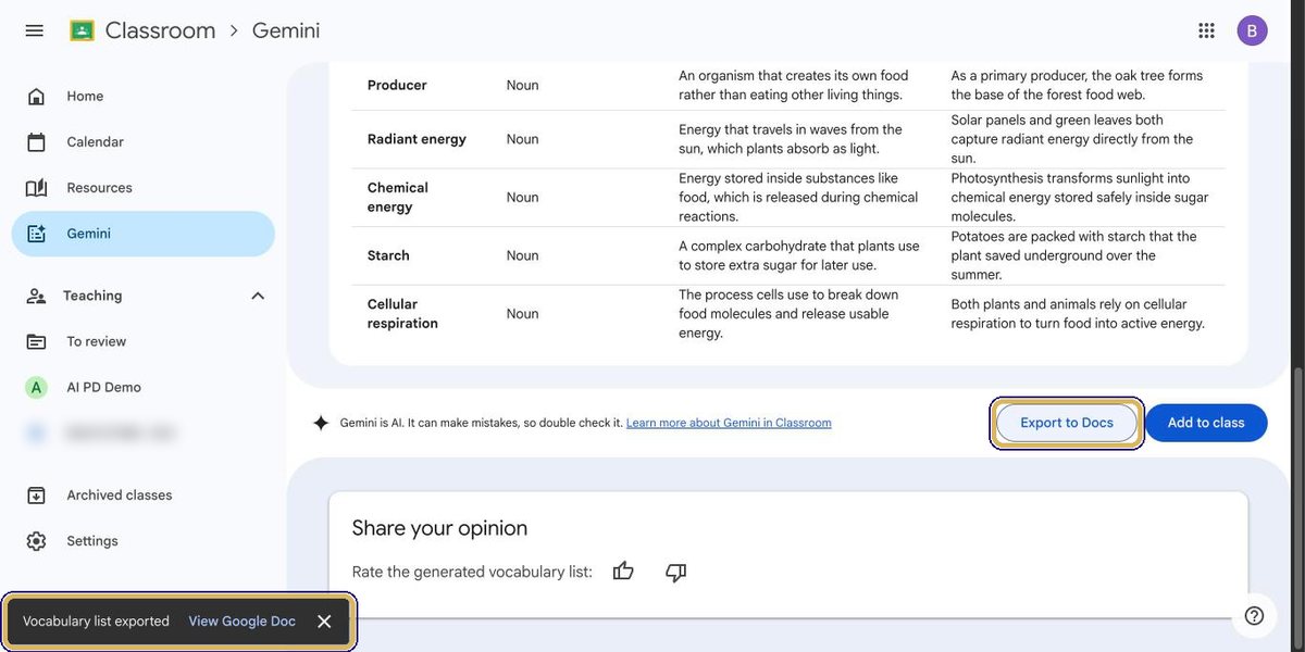 Export to Docs button and the Vocabulary list exported message with View Google Doc link