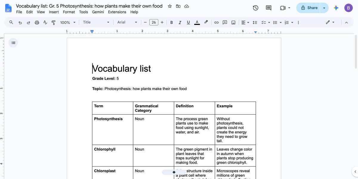 Exported vocabulary list as an editable Google Doc table
