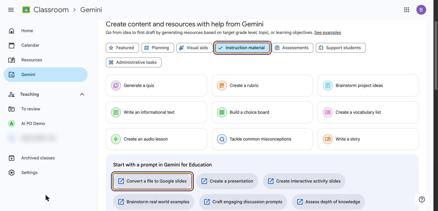 Gemini tab with Instruction material selected and Convert a file to Google slides highlighted