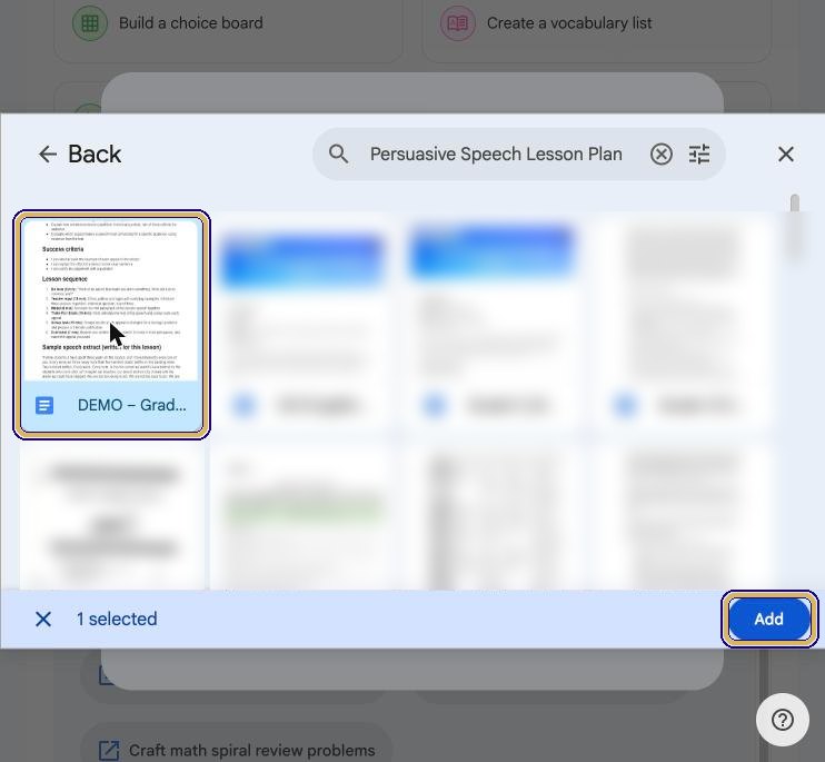 Insert files using Google Drive with the demo lesson plan selected and the Add button highlighted