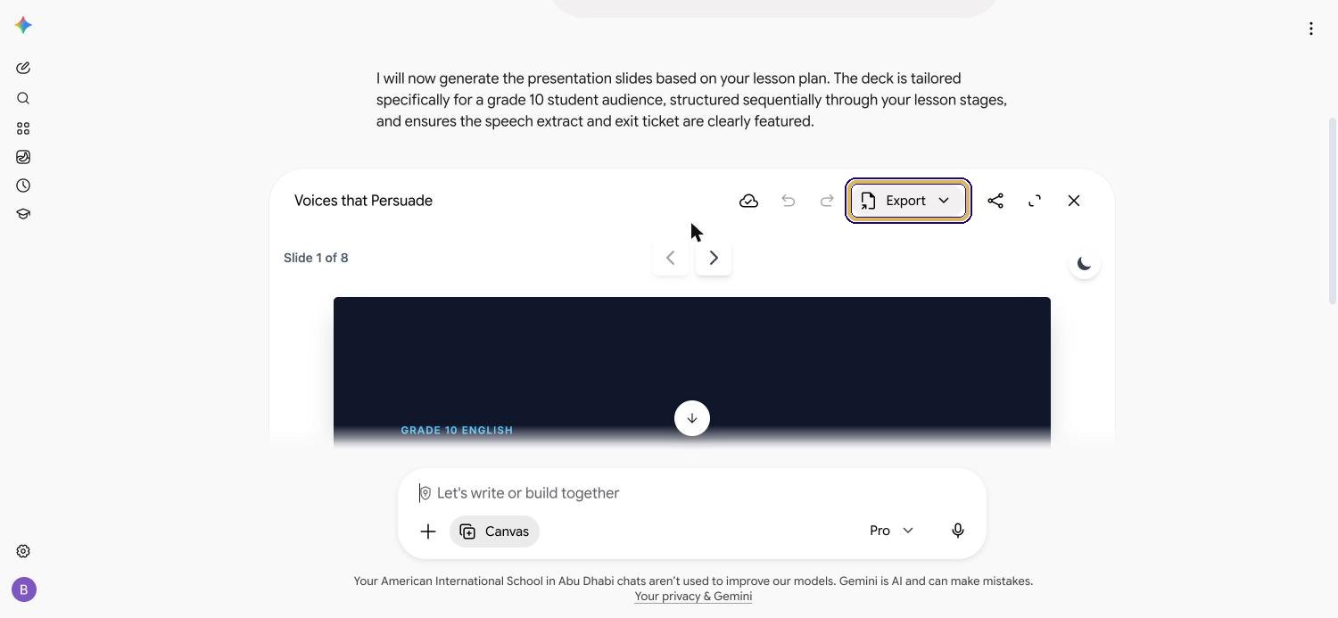 Gemini Canvas showing Voices that Persuade, slide 1 of 8, with Export highlighted