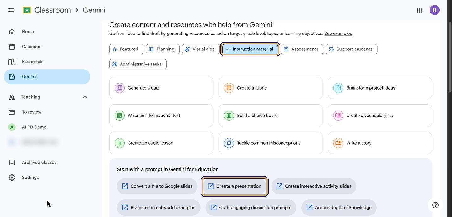 Gemini tab with Instruction material selected and the Create a presentation prompt highlighted