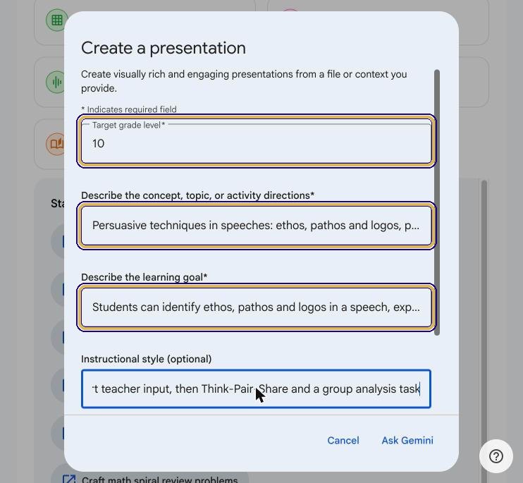 Create a presentation form with grade 10, the topic and the learning goal filled in