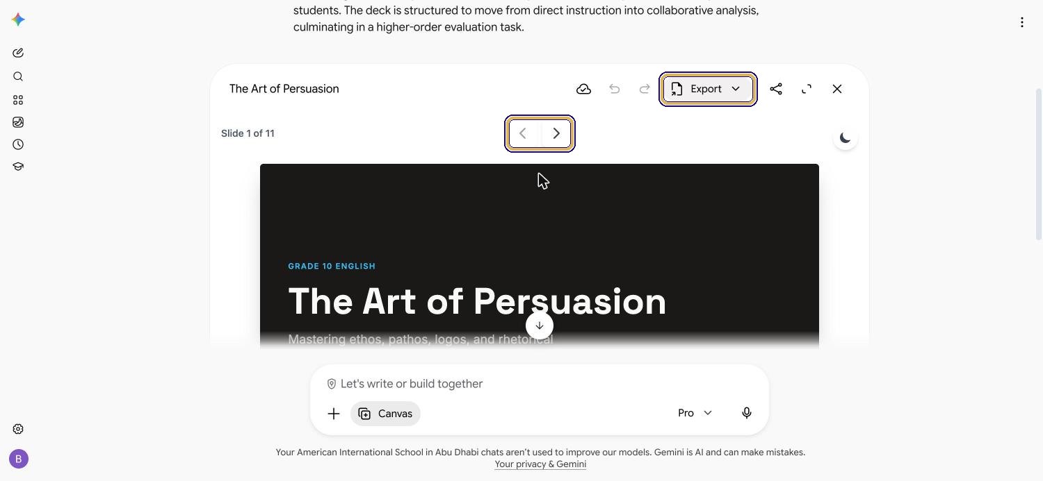 Gemini Canvas showing The Art of Persuasion, slide 1 of 11, with the slide arrows and Export highlighted