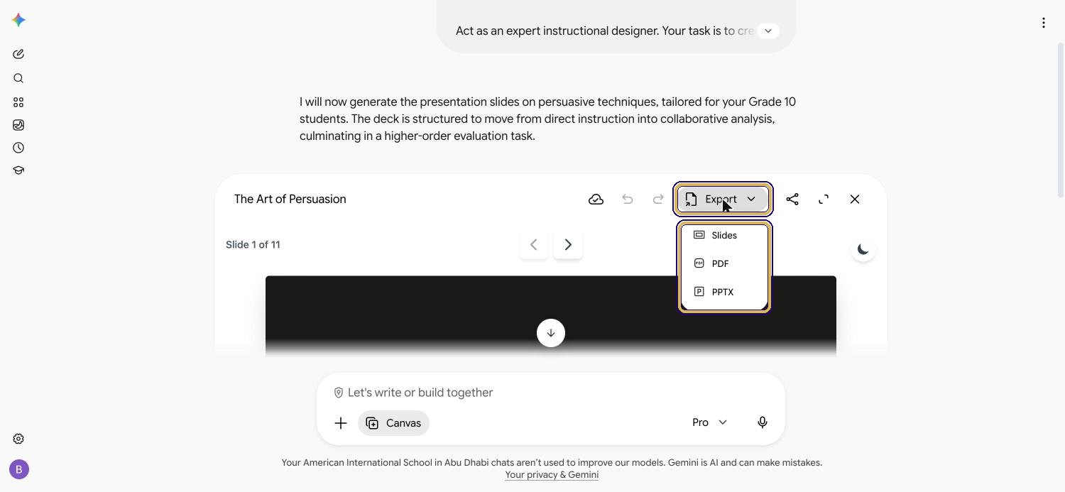 Export menu open with Slides, PDF and PPTX