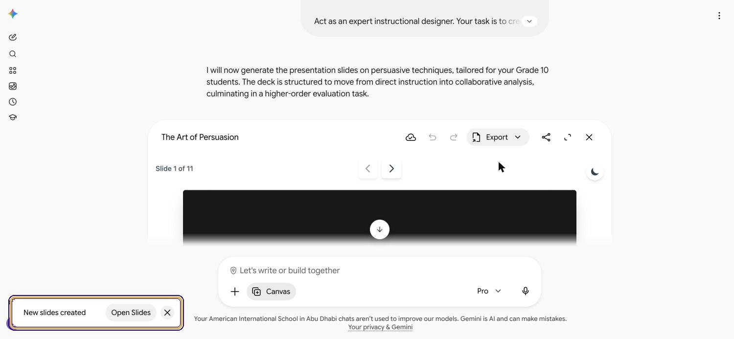 New slides created message with Open Slides button